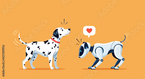 Dalmatian dog shows affection towards a friendly robot dog with a heart symbol indicating love and connection between artificial intelligence and living creatures in a colorful background