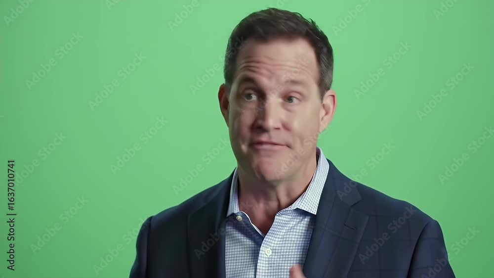 Confident Caucasian Man in Blue Suit Articulating Against Green Screen Perfect for Chroma Keying in Corporate Videos and Presentations Delivering a Polished Professional Look With Easy Background Confident Caucasian Man in Blue Suit Articulating Against Green Screen Perfect for Chroma Keying in Corporate Videos and Presentations Delivering a Polished Professional Look With Easy Background