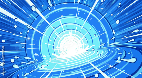 Vibrant Blue Vortex Effect with Cascading Water Droplets and Radiant Light Burst Capturing a Dynamic Flowing Energy