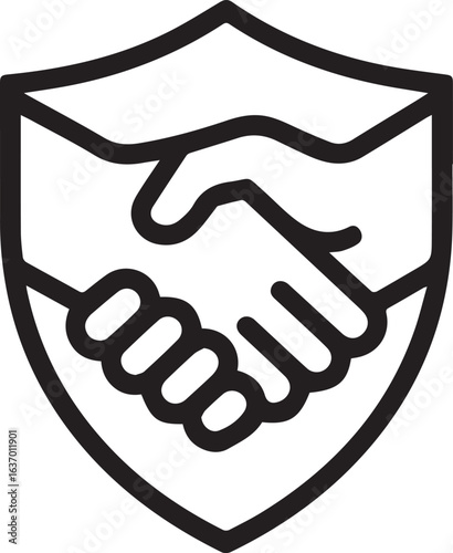 Partnership handshake inside shield for trust, agreement, and security, a modern icon conveying safety and reliable business connections