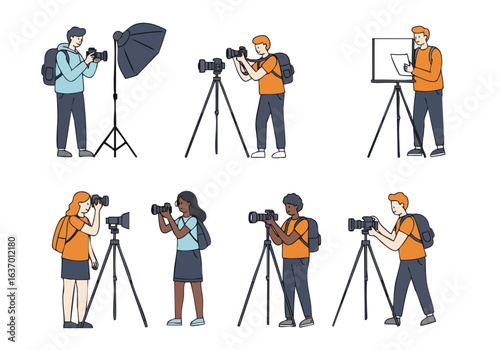 People Vector Illustration Set Diverse Photographers Using Cameras on Tripods with Lighting and Backdrops Flat Style