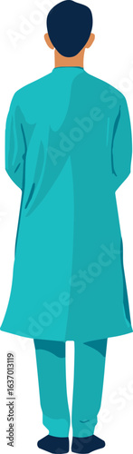 Doctor in medical scrubs stands against a white background.