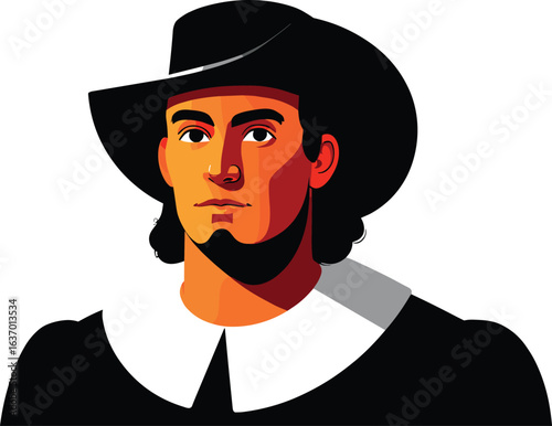 Pilgrim Man in a Black Hat and White Collar