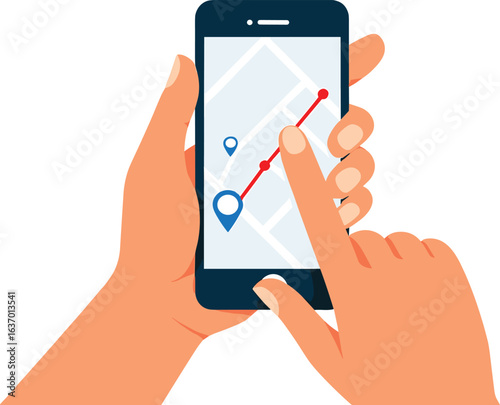 Hands using a smartphone with a navigation app open