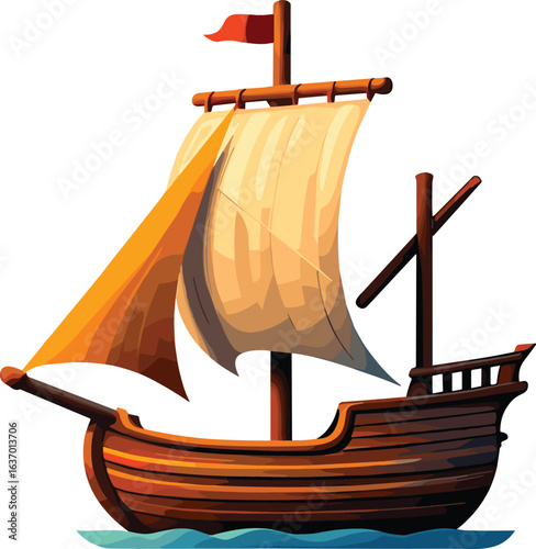 Vintage Caravel Ship Sailing on Water