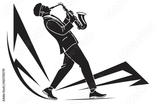 Silhouette of a man in a suit playing the saxophone with abstract design elements around him created with generated ai