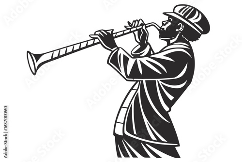 Silhouette of a musician playing a wind instrument with a bell and wearing a hat and jacket created with generated ai