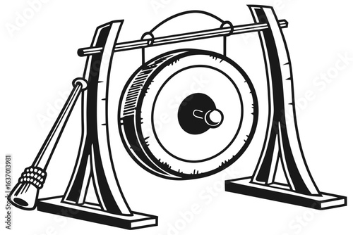 Illustration of a gong with a mallet resting on the side in black and white outline style created with generated ai