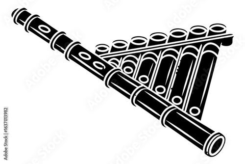 Illustration of a pan flute and a flute arranged together in a black and white image format style created with generated ai