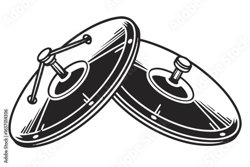 Illustration of two overlapping cymbals with stands in black and white style drawing design art created with generated ai