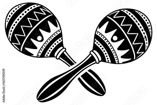Illustration of two crossed maracas with black and white designs for musical instrument representation created with generated ai
