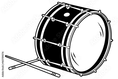 Illustration of a bass drum with drumsticks in black and white musical instrument percussion equipment 100 created with generated ai