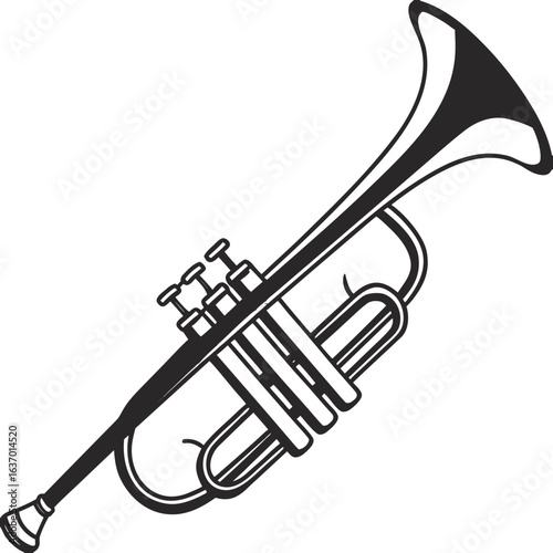 Illustration of a black and white trumpet with valves and curved tubing on a white background created with generated ai