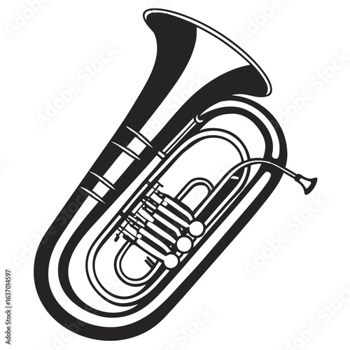 Illustration of a black and white tuba with valves and a large bell facing upwards and to the left side created with generated ai