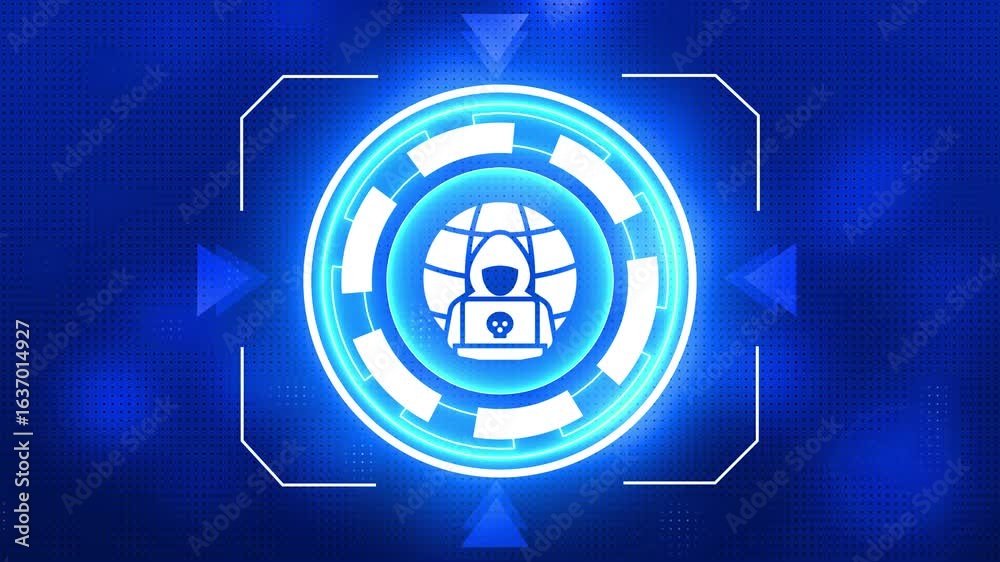 Hacker icon ,Warning hack security breach computer hacking warning message hacked alert Animation of hacked text banner, microprocessor connections and data processing Hacker icon ,Warning hack security breach computer hacking warning message hacked alert Animation of hacked text banner, microprocessor connections and data processing
