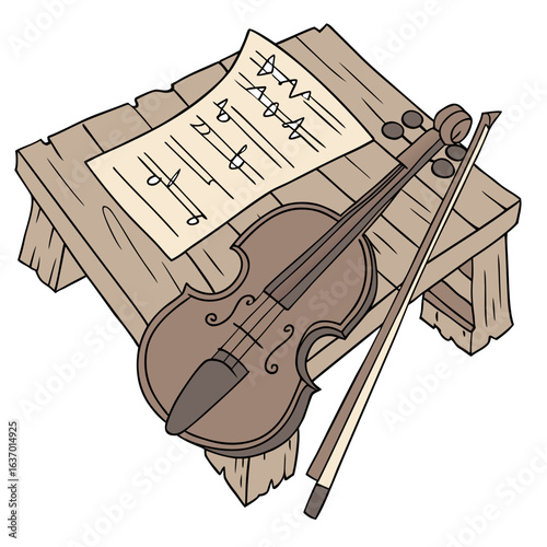 A violin and bow resting on a wooden stool next to a sheet of music with musical notes drawn on it created with generated ai