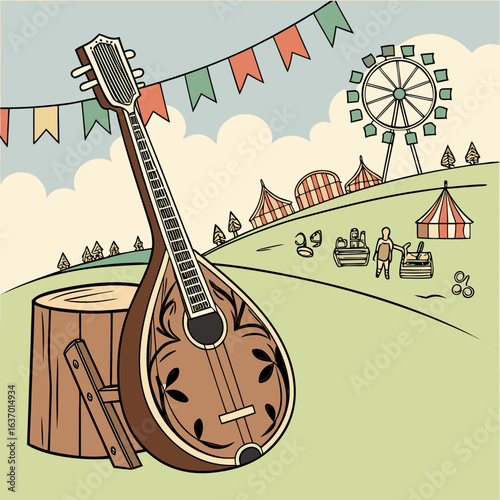 Acoustic stringed instrument leaning against a tree stump with a fairground in the background created with generated ai