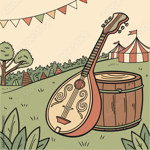 Illustration of a mandolin leaning against a barrel at an outdoor festival scene with tents 100 created with generated ai