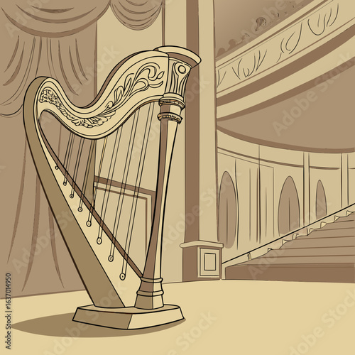 Illustration of a harp on a stage with curtains and architecture in the background in sepia tones created with generated ai