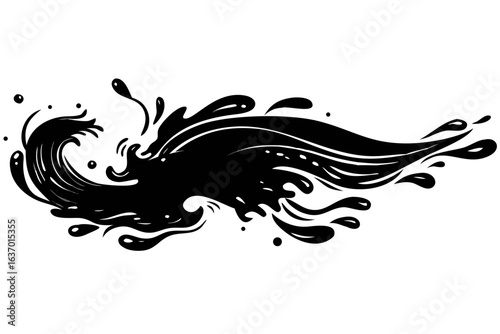 Stylized black ink splash with droplets and flowing lines on a white background design element created with generated ai