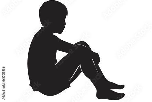 Silhouette of a young boy sitting with his knees drawn up to his chest on a white background created with generated ai