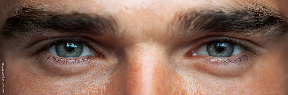Fototapeta premium Portrait of a European male close-up with bristles on a gray background. male eyes close-up