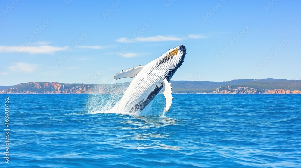 Fototapeta premium Humpback whale jumping out of the water in Australia. The whale is falling on its back and spraying water in the air.