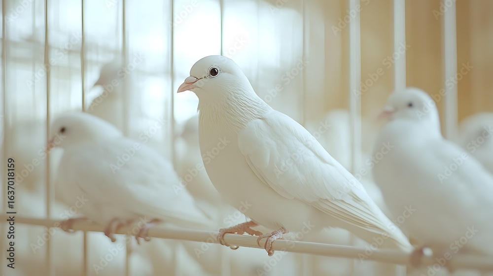 Fototapeta premium White dove sitting in cage among other doves. Clean enclosure and calm environment promote responsible care during Bird Health Awareness Week