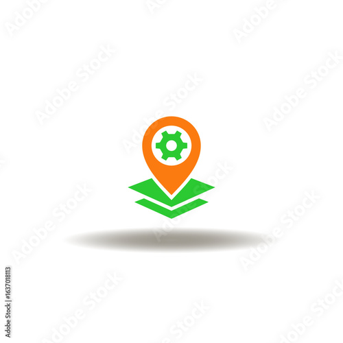 Vector illustration of location pointer with map and gear wheel. Icon of delivery service. Symbol of GIS system.