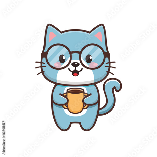 A Cute Cartoon Cat with Glasses Holding a Cup of Coffee
