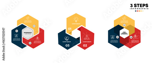 Set Venn diagram infographic chart template for business 3 step options, presentation with venn diagram elements vector illustration.	
