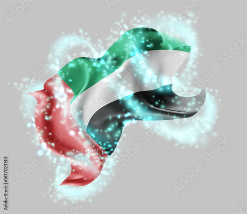 United Arab Emirates, vector 3d flag in whirlwind of magical radiance