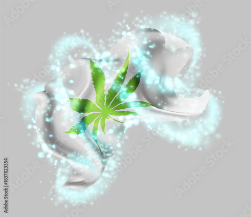 Сannabis, vector 3d flag in whirlwind of magical radiance
