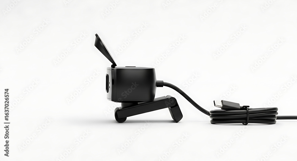 Naklejka premium A black webcam with an open privacy shutter and usb cable on a white background in a studio setting