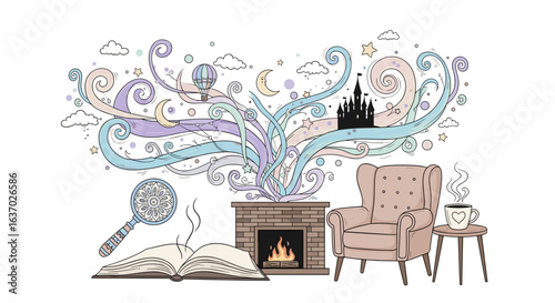 Cozy reading nook with a magical story coming to life illustration