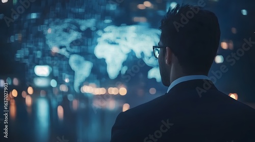 Businessman Viewing Global Data Network at Night Futuristic World Map