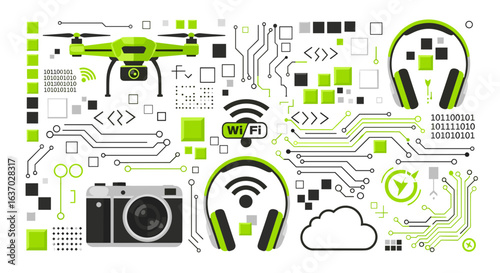 Tech Gadgets Assemblage: Drone, Camera, Headphones, and Connectivity Icons