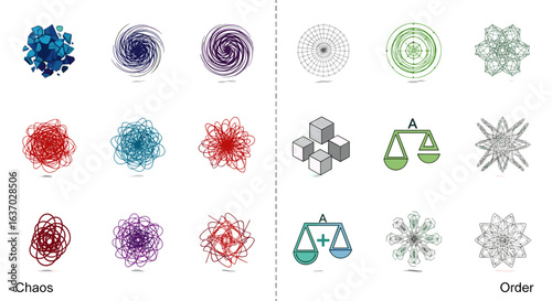 Conceptual illustration showing the transition from chaos to order with colorful designs