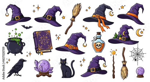Whimsical Halloween Witchcraft Collection: Cartoon Illustration of Spooky Magic Objects