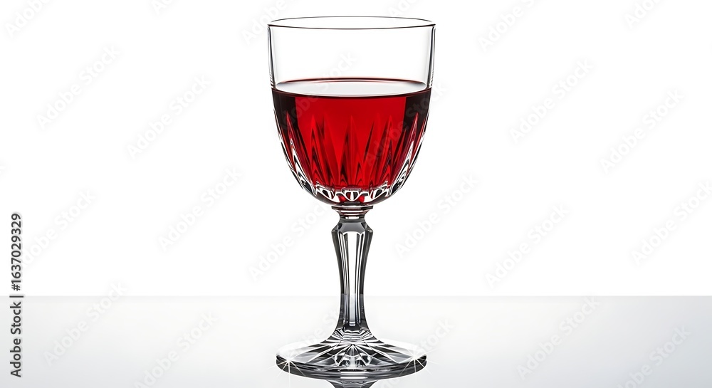 An elegant crystal wine glass filled with rich red wine on a reflective white surface An elegant crystal wine glass filled with rich red wine on a reflective white surface