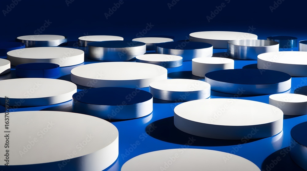 Fototapeta premium Abstract arrangement of circular forms in white and blue.