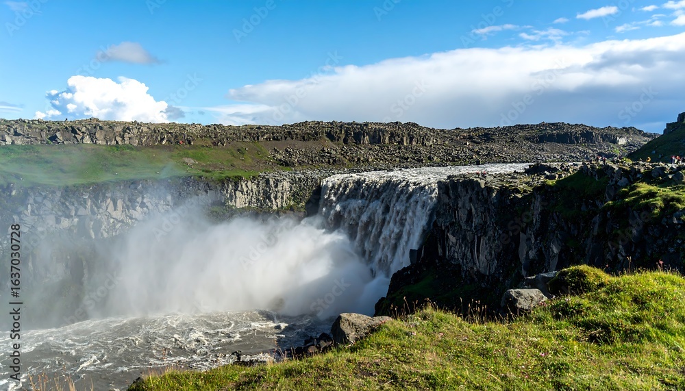 Fototapeta premium Powerful waterfall cascades over basalt cliffs