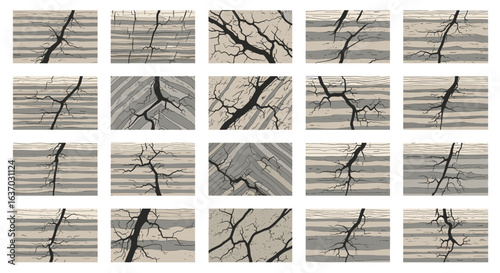 Graphic collection of cracked stone patterns for use in designs.