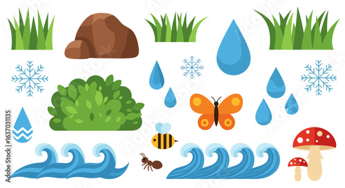 Natural elements and organisms illustration in cartoon style on white