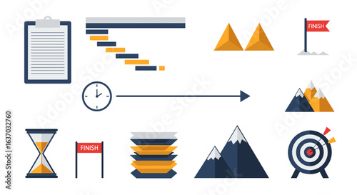 Business elements flat design: clipboard, gantt chart, clock, goal and more
