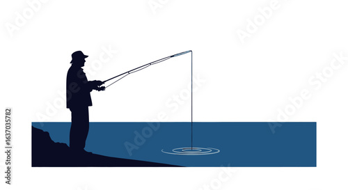 Silhouette of a man fishing on a rocky shore with a serene lake background