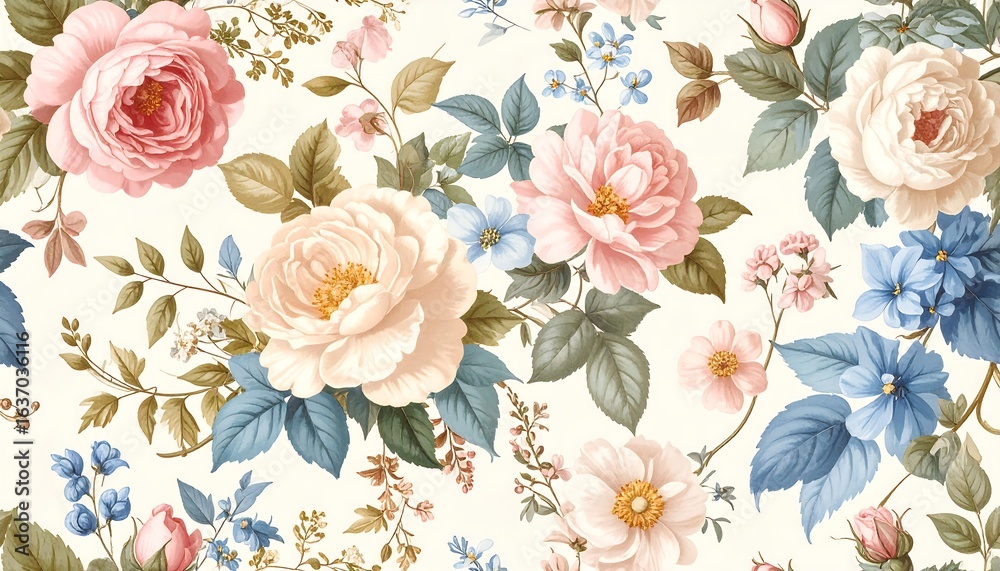 Fototapeta Delicate floral pattern with pastel roses and foliage