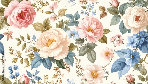 Delicate floral pattern with pastel roses and foliage