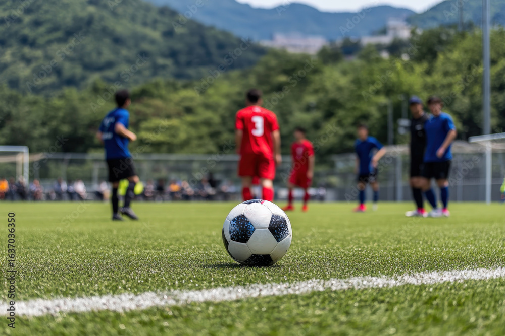 Fototapeta premium Soccer ball on a field during a match with players competing
