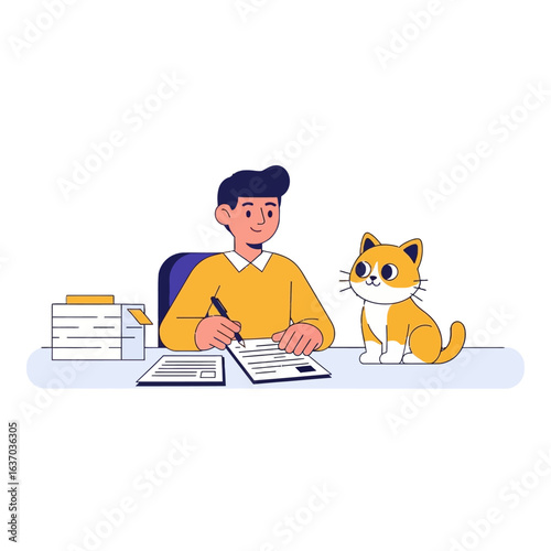 Illustration of a man working at a desk with a cat beside him
